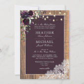 プラムパープル素朴ウッドレーススクリプ結婚トのInvita 招待状 (正面)