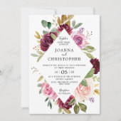 プラムパープル赤面ピンクジオメトリック結婚フローラ 招待状 (正面)