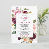 プラムパープル赤面ピンクジオメトリック結婚フローラ 招待状 (スタンド正面)