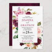 プラムパープル赤面ピンクジオメトリック結婚フローラ 招待状 (正面/裏面)