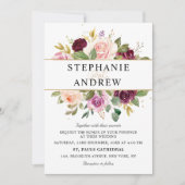 プラムパープル赤面ピンクジオメトリック結婚フローラ 招待状 (正面)