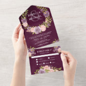 プラムパープル赤面ピンクフローラガーランド結婚ズ オールインワン招待状 (貼ってはがせる)