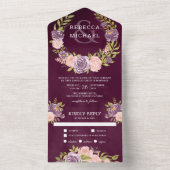 プラムパープル赤面ピンクフローラガーランド結婚ズ オールインワン招待状 (内側)