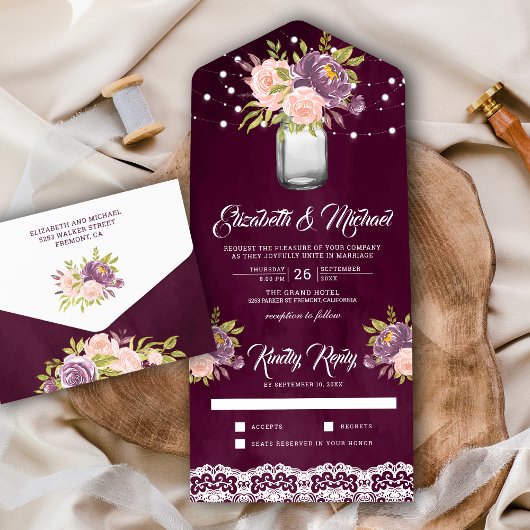 プラムパープル赤面ピンクフローラメイスンジャー結婚ズ オールインワン招待状
