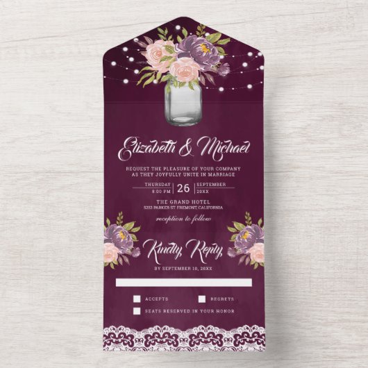 プラムパープル赤面ピンクフローラメイスンジャー結婚ズ オールインワン招待状 (内側)
