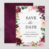 プラムパープル赤面ピンクボタニカルフローラ結婚ズ セーブザデート (正面/裏面)