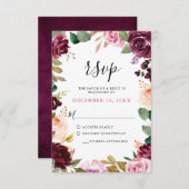 プラムパープル赤面ピンクボタニカルフローラ結婚ズ 出欠カード (正面/裏面)