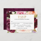プラムパープル赤面ピンクボタニカルフローラ結婚ズ 出欠カード (正面/裏面)