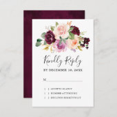 プラムパープル赤面ピンクボタニカルフローラ結婚ズ 出欠カード (正面/裏面)