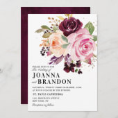 プラムパープル赤面ピンクボタニカルフローラ結婚ズ 招待状 (正面/裏面)