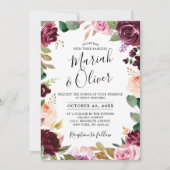 プラムパープル赤面ピンクボタニカルフローラ結婚ズ 招待状 (正面)