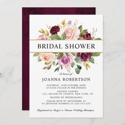 プラムパープル赤面ピンクボタニカルブライダルシャワー 招待状 (正面/裏面)