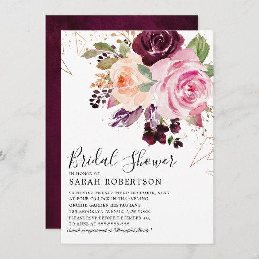プラムパープル赤面ピンクボタニカルブライダルシャワー 招待状 (正面/裏面)