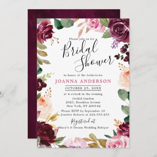 プラムパープル赤面ピンクボタニカルブライダルシャワー 招待状 (正面/裏面)