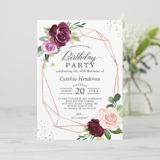 プラムパープル赤面フローラモダンバースデーパーティー 招待状 (スタンド正面)