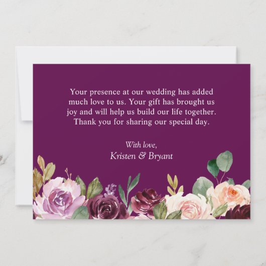 プラムパープル赤面モダンフローラジオメト結婚リー サンキューカード (裏面)
