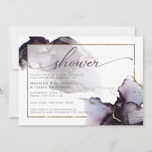 プラムパープル金ゴールド大理石抽象芸術水彩 招待状 (正面)