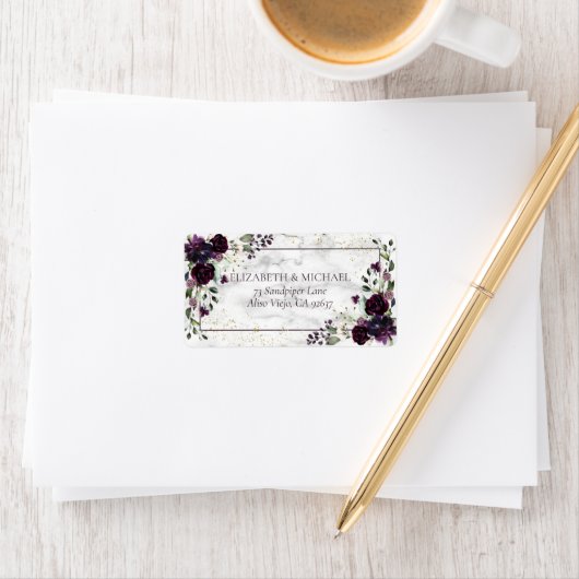プラムパープル金ゴールド大理石秋の結婚式アドレス ラベル (インサイチュ)