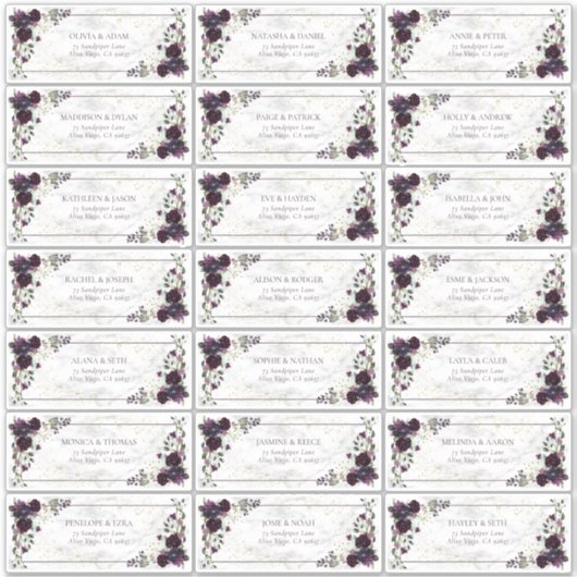 プラムパープル金ゴールド大理石秋の結婚式ゲストアドレス シール (正面)