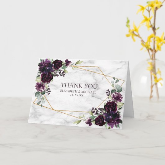 プラムパープル金ゴールド幾何学フローラ写真結婚の カード (黄色い花)