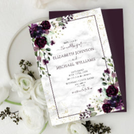 プラムパープル金ゴールド水彩大理石秋の結婚式 招待状