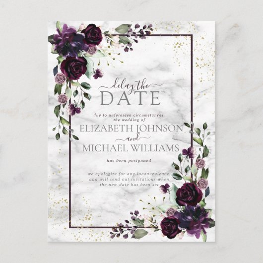 プラムパープル金ゴールド水彩大理石遅延日付 シーズンポストカード (正面)