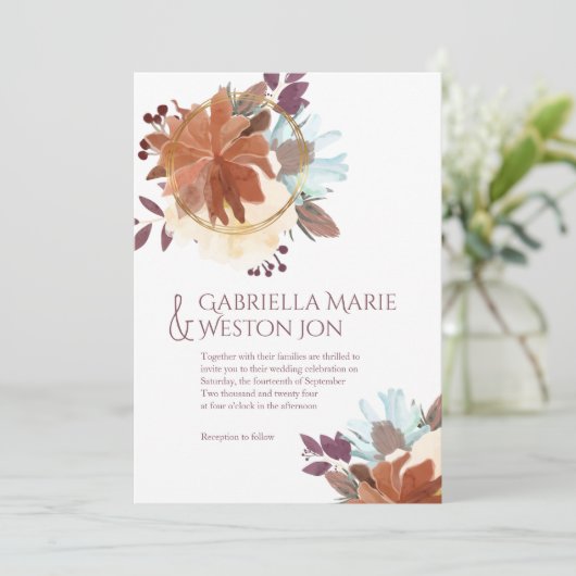 プラムパープル金ゴールド秋をテーマにした結婚式招待状 招待状 (スタンド正面)