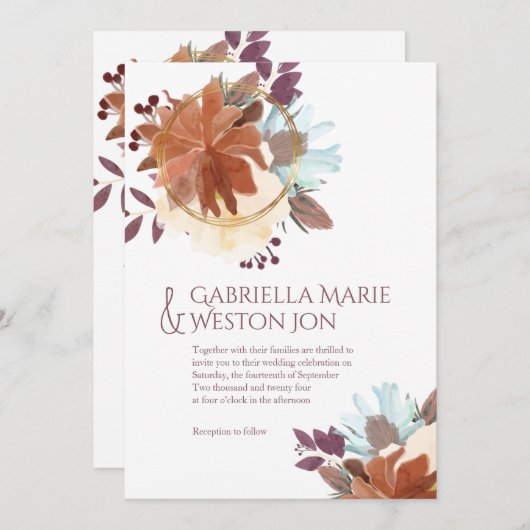 プラムパープル金ゴールド秋をテーマにした結婚式招待状 招待状 (正面/裏面)