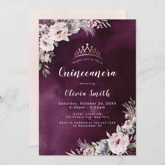 プラムパープル&ほこりっぽいピンクボホフローラキンセアニェラ 招待状 (正面/裏面)