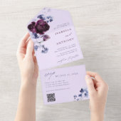 プラムパープル&インディゴブルーエレガントフローラ結婚ズ オールインワン招待状 (貼ってはがせる)