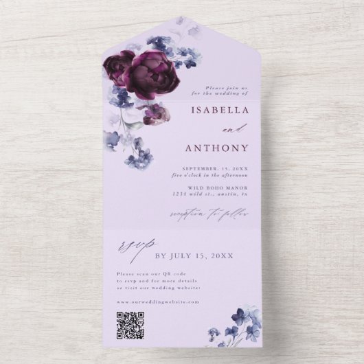 プラムパープル&インディゴブルーエレガントフローラ結婚ズ オールインワン招待状 (内側)