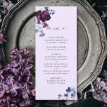 プラムパープル&インディゴブルーエレガントフローラ結婚ズ メニュー<br><div class="desc">梅紫結婚牡丹や藍色の花の水彩花束とラベンダーの背景に書道が施されたスタイリッシュメニュー。このデザインの詳細なカスタマイズについてクリックは、デザインツールボタンをクリック。一致する項目も利用可能である。</div>