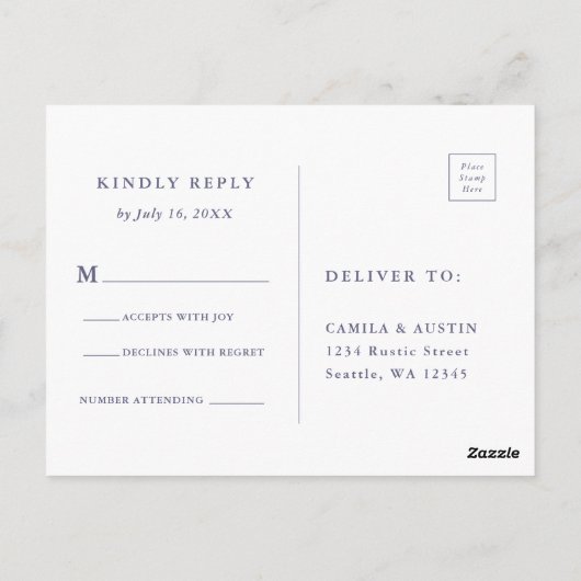 プラムパープル&インディゴブルーフローラウェディングRSVP ポストカード (裏面)