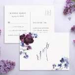 プラムパープル&インディゴブルーフローラウェディングRSVP ポストカード<br><div class="desc">この結婚式のsvpポストカードは、書道と梅紫の牡丹と藍青の花の水彩花束を備えスタイリッシュている。このデザインの詳細なカスタマイズについてクリックは、デザインツールボタンをクリック。一致する項目も利用可能である。</div>