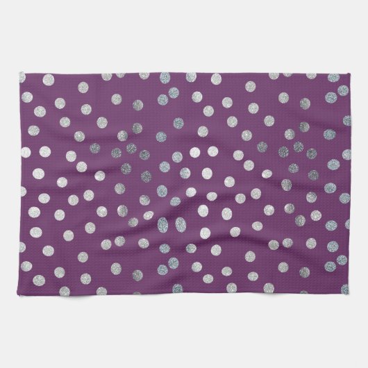 プラムパープル&シルバーグリッターシティドット キッチンタオル (横)