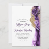 プラムパープル – ナスと金ゴールド結婚フローラ 招待状 (正面)