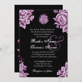 プラムパープル&ブラックヴィンテージフ結婚ラワーズ 招待状 (正面/裏面)