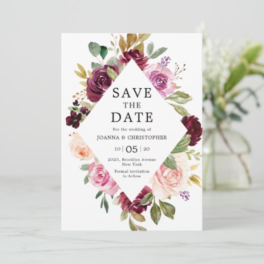 プラムパープル ブラッシュピンク 幾何学的な花の結婚式 セーブザデート (スタンド正面)