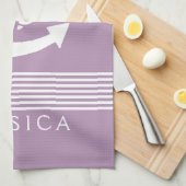 プラムパープル&ホワイトストライプいかり付き航海の キッチンタオル (四つ折り)