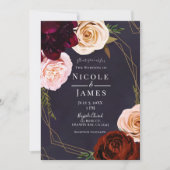 プラムパープル&金ゴールドモダン素朴フローラ結婚ズ 招待状 (正面)