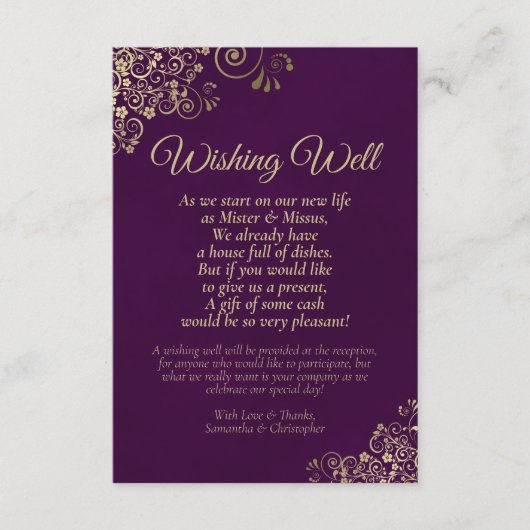 プラムパープル&金ゴールド結婚レースの願い井戸の詩 エンクロージャーカード (正面)