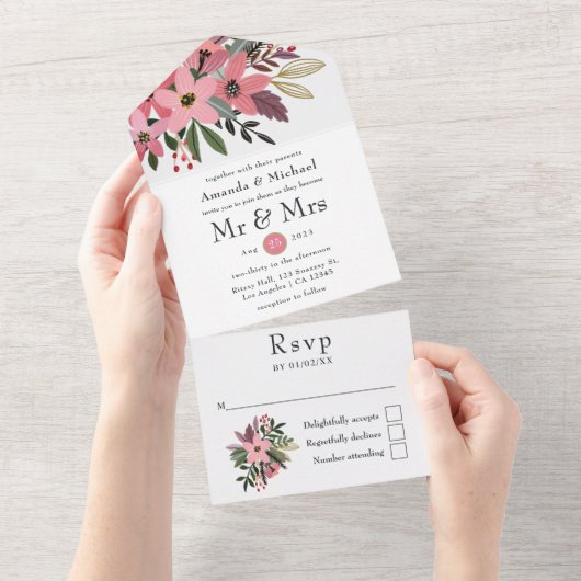 プラムピンクと金ゴールド結婚フローラ オールインワン招待状 (貼ってはがせる)