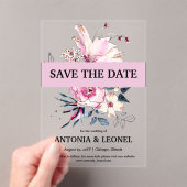 プラムピンクのフローラ結婚式の日付を保存 アクリル招待状 (インサイチュ (ポータブル))