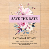 プラムピンクのフローラ結婚式の日付を保存 アクリル招待状 (正面)