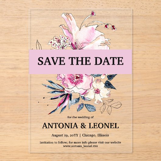 プラムピンクのフローラ結婚式の日付を保存 アクリル招待状 (正面)