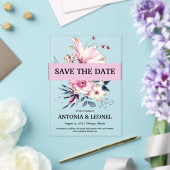 プラムピンクのフローラ結婚式の日付を保存 アクリル招待状 (インサイチュ (ウェディング))