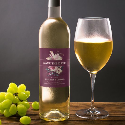 プラムピンクのフローラ結婚式の日付を保存 ワインラベル