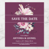 プラムピンクのフローラ結婚式の日付を保存 ワインラベル (シングルラベル)