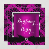 プラムピンクダマスクシルバーブラックバースデーパーティー2 招待状 (正面/裏面)