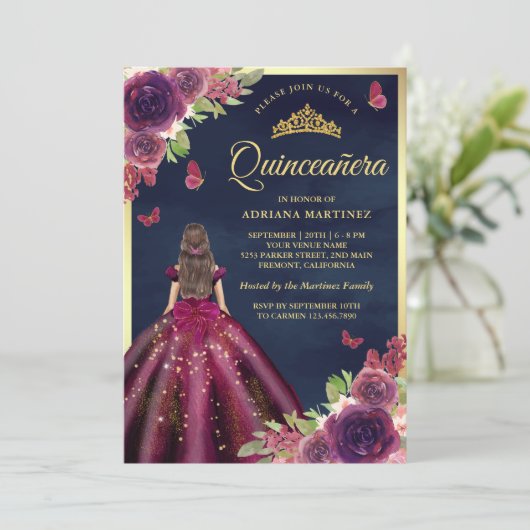 プラムフローラバタフライネイビーブルー金ゴールドキンセアニェラ 招待状 (スタンド正面)